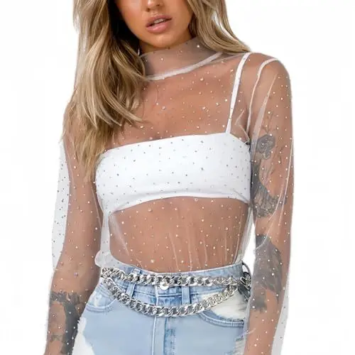 Produktbild: SamHeng Damen Top durchsichtig Netzstoff durchsichtig langärmelig Hemd Damen Rollkragen schmale Passform Basic Bluse T-Shirt Party Clubwear(Weiß/XL)