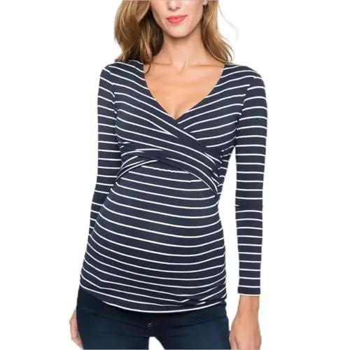 Produktbild: SamHeng Lange Ärmel T-Shirts für Schwangere Mutterschaft Tops Krankenpflege T-Shirt Lift-up Stillen Shirts Rundhalsausschnitt Krankenpflege Top Gestreift Schwangerschaft Kleidung(Navy, M)