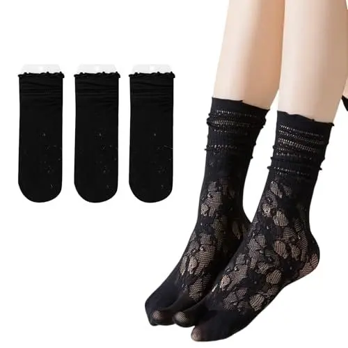 Produktbild: SamHeng Tabi Flip-Flop-Socken für Damen 3 Paar Japanische Baumwoll-Split-Toe-Socken mit LochmusterNiedlicher Casual Rüschen Look für Waden(Schwarz)