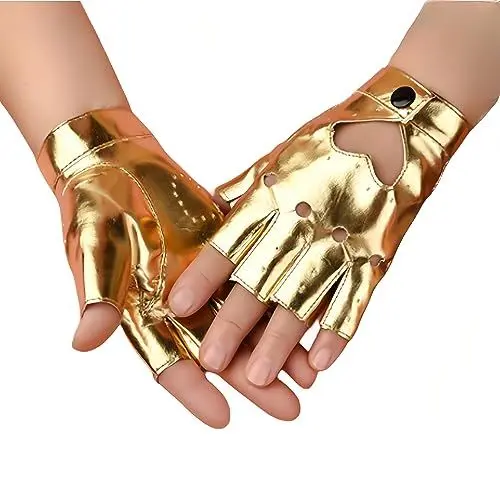 Produktbild: SamHeng fingerlose PU Lederhandschuhe für Frauen halbe Fingerhandschuhe kurze Leder Punk Handschuhe für Halloween Cosplay Kostüm Tanzparty Kostüme Accessoires, Gold
