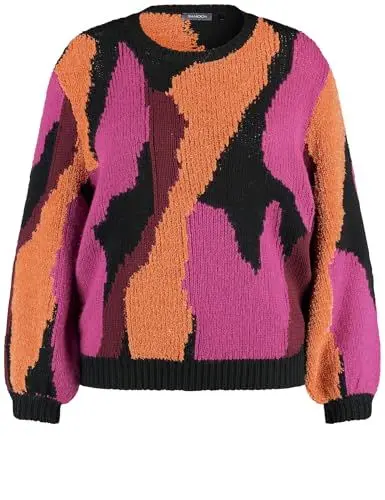 Produktbild: Samoon Damen Pullover mit ausgefallenem Dessin Langarm, Ärmelbündchen Gemustert Black Gemustert 52