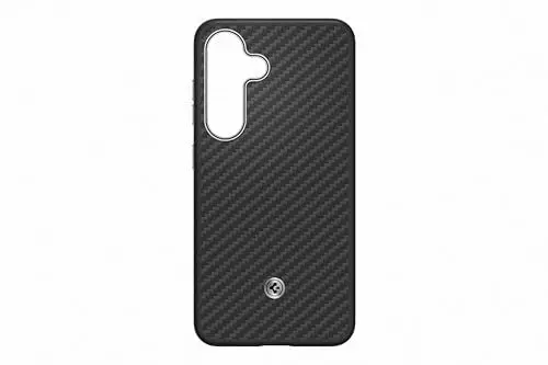 Produktbild: Samsung Designed for Spigen Enzo Aramid Case für Galaxy S25, Hülle aus Aramidfasern, Magnet zum Anbringen von Gadgets, Qi2-Charger kompatibel, Carbon-Finish, weiche Innenseite, Black Silver