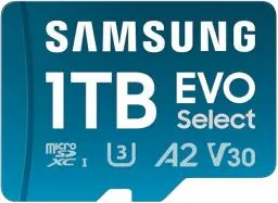 Produktbild: Samsung EVO Select (2024) microSD-Karte + SD-Adapter, 1 TB, UHS-I U3, 4K UHD, Full HD, 160 MB/s Lesen, Speicherkarte für Smartphones, Tablets und Laptops, MB-ME1T0SA/EU