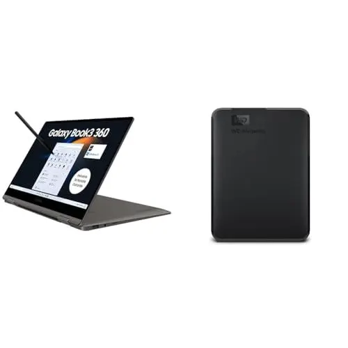 Produktbild: Samsung Galaxy Book3 360 Laptop & WD Elements Portable Externe Festplatte 2 TB mobiler Speicher, USB 3.0-Schnittstelle, Plug-and-Play, für Windows formatiert Schwarz