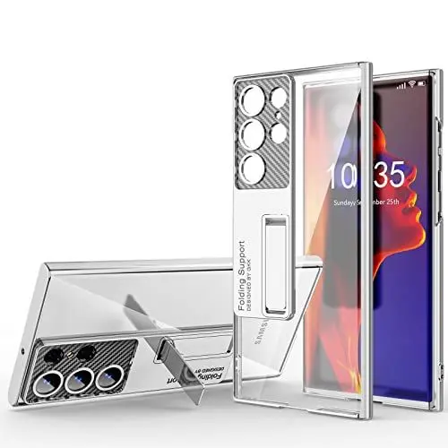 Produktbild: Samsung Galaxy S23 Handyhülle, Transparente Schutzhülle mit Ständer und Kamera Stoßschutz für S23 Ultra, Silber Kickstand Case