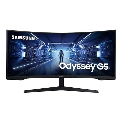 Produktbild: Samsung Gaming Monitor G5 C34G55TWWP, 34 Zoll, VA-Panel, UWQHD-Auflösung, AMD FreeSync Premium, Krümmung 1000R, Bildwiederholrate 165 Hz, Reaktionszeit 1 ms (MPRT), schwarz