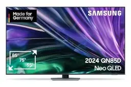 Produktbild: Samsung Neo QLED 4K QN85D Fernseher 55 Zoll, Neural Quantum 4K AI Gen2 Prozessor, Mini LED TV, AI Upscaling, Smart TV, Dolby Atmos, Gaming Hub, GQ55QN85DBTXZG, Deutsches Modell (2024)