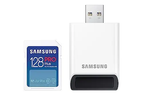 Produktbild: Samsung PRO Plus SD-Karte, 128 GB, UHS-I U3, Full HD & 4K UHD, 180 MB/s Lesen, 130 MB/s Schreiben, Speicherkarte für Kameras und Drohnen, Inkl. USB-Kartenleser, MB-SD128SB/WW