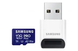 Produktbild: Samsung PRO Plus microSD-Karte, 128 GB, UHS-I U3, Full HD & 4K UHD, 160 MB/s Lesen, 120 MB/s Schreiben, Speicherkarte für Smartphone, Drohne oder Action-Cam, Inkl. USB-Kartenleser, MB-MD128KB/WW