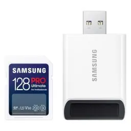 Produktbild: Samsung PRO Ultimate SD-Karte, 128 GB, UHS-I U3, Full HD & 4K UHD, 200 MB/s Lesen, 130 MB/s Schreiben, Speicherkarte für Kamera, PC, Drohne oder Action-Cam, Inkl. USB-Kartenleser, MB-SY128SB/WW