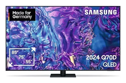 Produktbild: Samsung QLED 4K Q70D Fernseher 85 Zoll, Samsung TV mit AI Quantum Prozessor 4K, 4K AI Upscaling, Samsung Tizen OS, Motion Xcelerator 120 Hz, Smart TV, KI TV, GQ85Q70DATXZG, Deutsches Modell (2024)