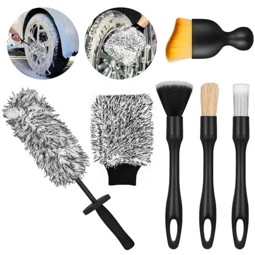 Produktbild: SAMSYOKI Auto Mikrofaser Felgenbürste Extra Dünn mit Auto Detailing Pinsel Felgenbürste Alufelgen Auto Waschhandschuh Felgen Bürste Reinigungsset für Felgen Autopflege Innenraum Außenraum (Schwarz)