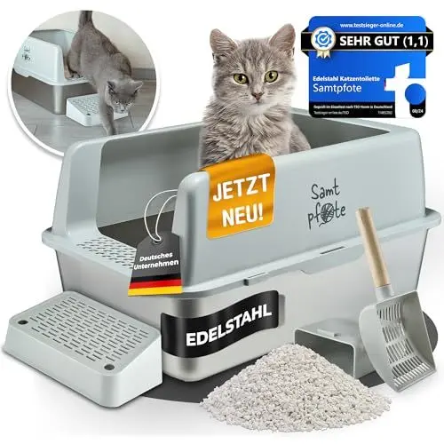 Produktbild: Samtpfote® Offenes Katzenklo aus Edelstahl - XXL Katzentoilette mit Spritzschutz - Fronteinstieg -Auslaufsicher - Antibakteriell - Hygienisch - Leichte Reinigung - 60 x 40 x 30 cm Cat Litter Box