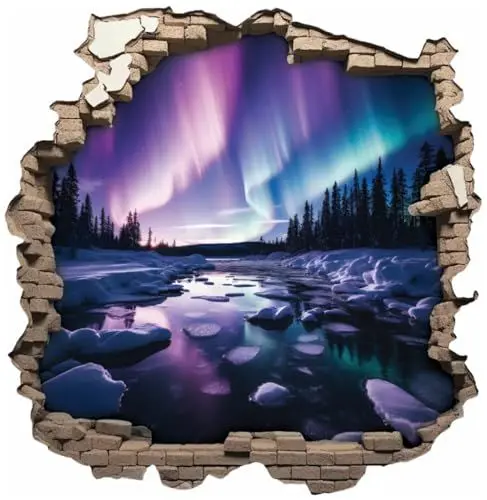 Produktbild: Samunshi® Wandaufkleber Mauerloch Wandriss mit Nordlichter Aurora Borealis Wandsticker Fenster in andere Welt Portal für Kinderzimmer Aufkleber Küche Wallart 70 x 70cm