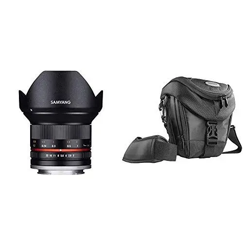 Produktbild: Samyang 12mm F2.0 Objektiv für Anschluss Sony E - schwarz + Mantona Colt DSLR Kamera Tasche für Spiegelreflex, SLR, Kompaktkamera, Systemkamera, wasserdicht, schwarz