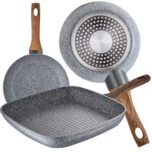Produktbild: SAN IGNACIO PK1819 Daimiel-Kollektion Pfannenset, 2 Pfannen mit einem Durchmesser von 18 und 20 cm und 1 Grillpfanne (28 x 28 cm) aus geschmiedetem Aluminium, geeignet für Induktionsherde, Grau