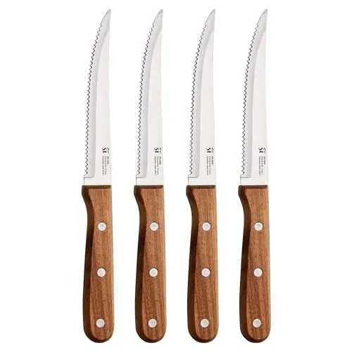 Produktbild: San Ignacio Compact - Set von 4 Messern für Fleisch - Edelstahl - Blatt mit Matt -Finish - Blatt 12,5 cm - Acacia -Holzgriff - Perfekt für Grill - Griff Bauchmuskeln