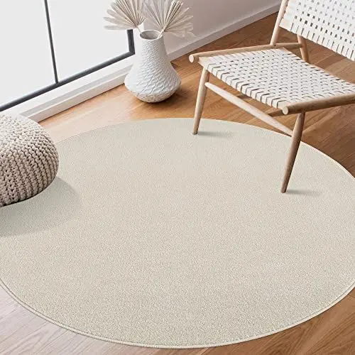 Produktbild: SANAT Kurzflor Teppich Wohnzimmer - Uni Modern Teppiche fürs Schlafzimmer, Arbeitszimmer, Büro, Flur, Kinderzimmer und Küche - Creme, 120 cm Rund
