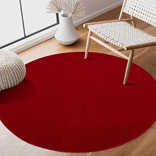 Produktbild: SANAT Kurzflor Teppich Wohnzimmer - Uni Modern Teppiche fürs Schlafzimmer, Arbeitszimmer, Büro, Flur, Kinderzimmer und Küche - Rot, 120 cm Rund