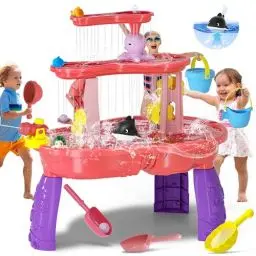Produktbild: Sand Wassertisch für Kleinkinder mit Elektrische Wasserpumpen,3-Tier Sand Tabelle Wasser, Sensorischer Kinderspieltisch für 3-8 Jahre alt, Sommer Wasser Aktivität Tisch Strand Hinterhof, Rosa und Lila