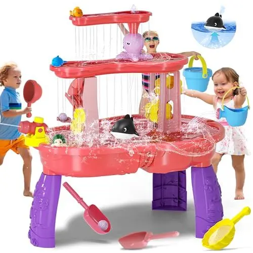 Produktbild: Sand Wassertisch für Kleinkinder mit Elektrische Wasserpumpen,3-Tier Sand Tabelle Wasser, Sensorischer Kinderspieltisch für 3-8 Jahre alt, Sommer Wasser Aktivität Tisch Strand Hinterhof, Rosa und Lila