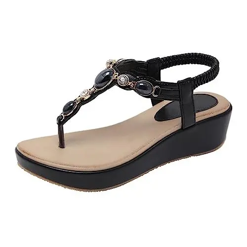 Produktbild: Mumuj Filzpantoffeln Damen Mules Frauen Perle Flip-Flops Strass Bogen Unterstützung Schnalle Keil Tanga Sandalen Strand Offene Spitze Rutschen Sandalen Zehentrenner Schwarz Damen (Black, 38)