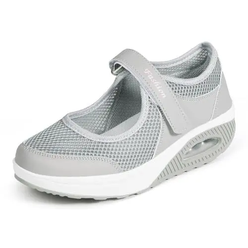 Produktbild: Sandalen Damen Freizeitschuhe Keilabsatz Leicht Walking Schuhe Plateau Turnschuhe Mesh Fitness Sneaker Laufschuhe Sommer Atmungsaktiv Espadrilles E-Grau EU40