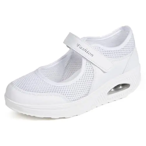 Produktbild: Sandalen Damen Freizeitschuhe Keilabsatz Leicht Walking Schuhe Plateau Turnschuhe Mesh Fitness Sneaker Laufschuhe Sommer Atmungsaktiv Espadrilles E-Weiß EU39