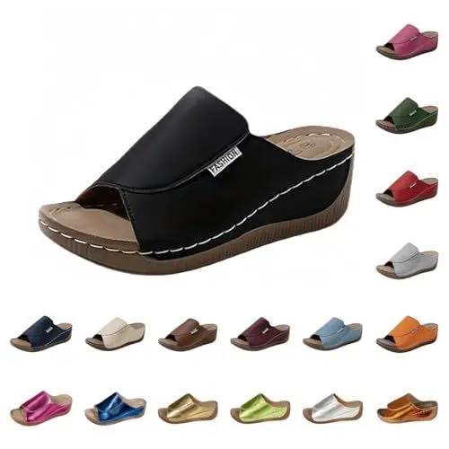 Produktbild: Sandalen Damen Sommer, Hausschuhe Damen Dicke, Orthopädische Keilabsatz Ledersandalen, Mode Plateau Sandal, Breite Füße Sandaletten, Lässige Weiche Fussbett Sommerschuhe