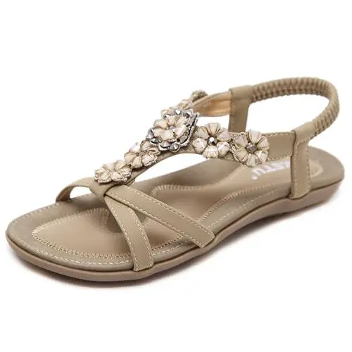Produktbild: Sandalen Damen Sommer Strand Schuhe Flach Bohemia Zehentrenner Sandaletten mit Strass Blumen Größe 40