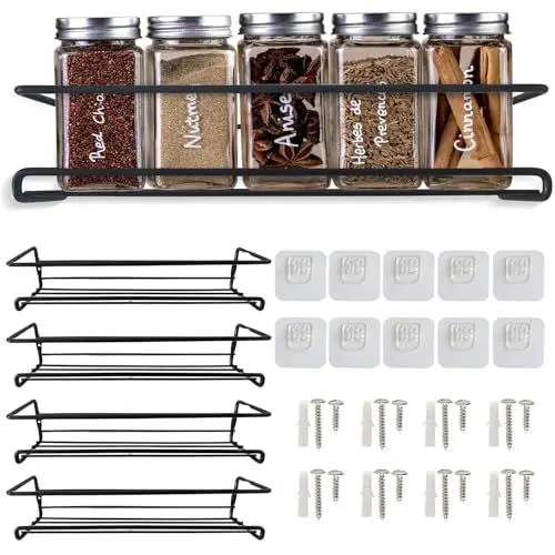 Produktbild: Sandalwood Modern schwarz Gewürz organizer, 4-Stück gewürzregale, Kohlenstoffstahl wandregal küche, küchenregal wand ohne Schrauben, regal küche mit selbstklebenden Haken.