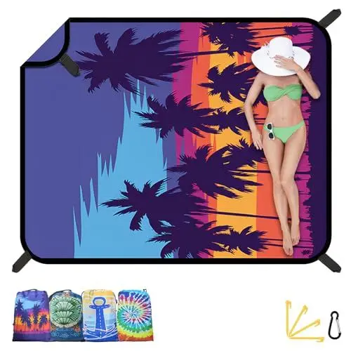 Produktbild: Sandfreie Stranddecke - 220 x 180 cm Beach Blanket für 1-4 Personen, Winddicht und Wasserdichte, Picknickdecke mit 4 Ecktaschen und 4 Heringe, Strandtuch Familie für Strandurlaub (Sonnenuntergang)