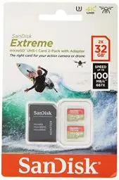 Produktbild: SanDisk Extreme 32 GB microSDhC Memory Card for Action Cameras and Drones with A1 App Performance up to 100 MB/s, Class 10, U3, V30 - Twin Pack