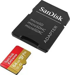 Produktbild: SanDisk Extreme 64 GB microSDXC Memory Card + SD Adapter with A2 App Performance + Rescue Pro Deluxe, Up to 160 MB/s, Class 10, UHS-I, U3, V30, Red/Gold