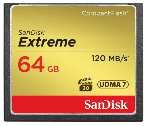 Produktbild: SanDisk Extreme CompactFlash Speicherkarte 64 GB (Für DSLR-Kameras, UDMA7, Schreiben mit 85 MB/s, Übertragen mit 120 MB/s, VPG-20 für Full-HD-Video)
