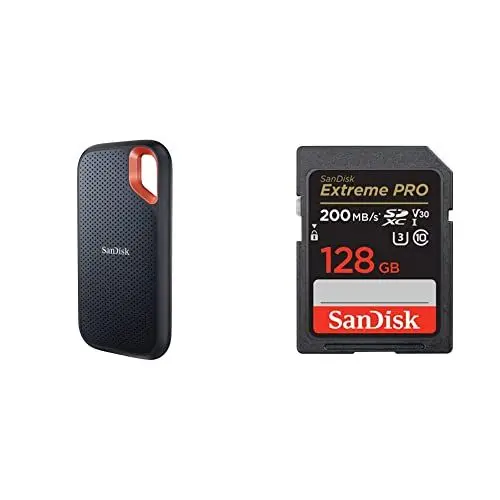 Produktbild: SanDisk Extreme Portable SSD 2 TB, Schwarz & Extreme PRO SDXC UHS-I Speicherkarte 128 GB (V30, Übertragungsgeschwindigkeit 200 MB/s, U3, 4K UHD Videos
