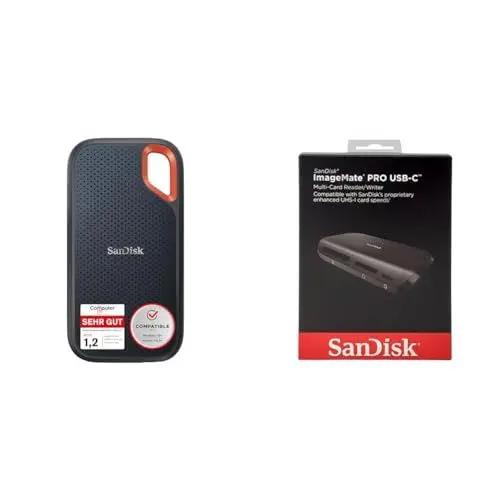 Produktbild: SanDisk Extreme Portable SSD 2 TB & Image Mate Pro USB-C Lese-/Schreibgerät Multi-Kartenlesegerät (für UHS-I-, UHS-II-, Non-UHS-, CompactFlash und microSD-Karten, USB 3.0)