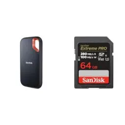 Produktbild: SanDisk Extreme Portable SSD 4 TB & Extreme PRO SDXC UHS-II Speicherkarte V60 64 GB (280 MB/s, 6K, 4K UHD, U3, C10, Rescue PRO Deluxe)