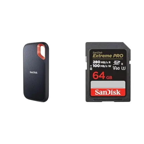 Produktbild: SanDisk Extreme Portable SSD 4 TB & Extreme PRO SDXC UHS-II Speicherkarte V60 64 GB (280 MB/s, 6K, 4K UHD, U3, C10, Rescue PRO Deluxe)