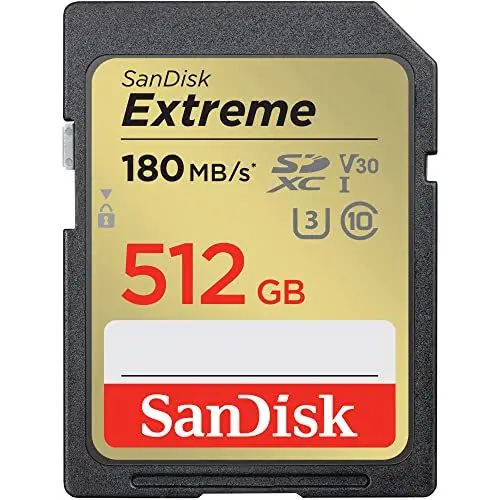 Produktbild: SanDisk Extreme SDXC UHS-I Speicherkarte 512 GB (V30, 180 MB/s Übertragung, U3, 4K UHD Videos, SanDisk QuickFlow-Technologie, wasserdicht, stoßfest, temperaturbeständig)