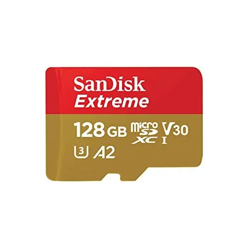 Produktbild: SanDisk Extreme microSDXC UHS-I Speicherkarte 128 GB + Adapter (Für Smartphones, Actionkameras und Drohnen, A2, C10, V30, U3, 190 MB/s Übertragung, RescuePRO Deluxe)