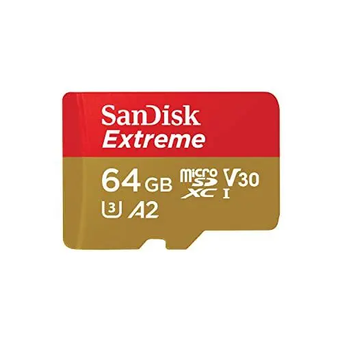 Produktbild: SanDisk Extreme microSDXC UHS-I Speicherkarte 64 GB + Adapter (Für Smartphones, Actionkameras und Drohnen, A2, C10, V30, U3, 170 MB/s Übertragung, RescuePRO Deluxe)