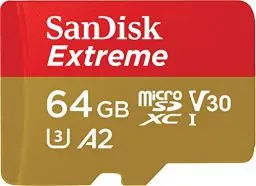 Produktbild: SanDisk Extreme microSDXC UHS-I Speicherkarte 64 GB für Actioncams und Drohnen + Adapter + RescuePRO Deluxe (bis zu 170 MB/s, A2, Class 10, U3, V30)