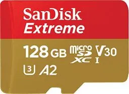 Produktbild: SanDisk Extreme microSDXC UHS-I Speicherkarte 128 GB für Actioncams und Drohnen + Adapter + RescuePRO Deluxe (bis zu 190 MB/s, A2, Class 10, U3, V30)