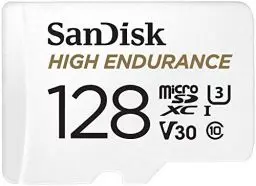 Produktbild: SanDisk High Endurance microSDXC Speicherkarte 128 GB + Adapter (Für Dash-Cams und private Überwachungskameras, 100 MB/s Lesen, V30 für Full-HD und 4K-Videos)