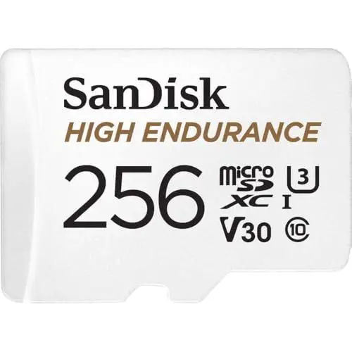 Produktbild: SanDisk High Endurance microSDXC Speicherkarte 256 GB + Adapter (Für Dash-Cams und private Überwachungskameras, 100 MB/s Lesen, V30 für Full-HD und 4K-Videos)