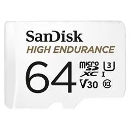 Produktbild: SanDisk High Endurance microSDXC Speicherkarte 64 GB + Adapter (Für Dash-Cams und private Überwachungskameras, 100 MB/s Lesen, V30 für Full-HD und 4K-Videos)