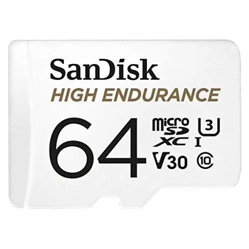 Produktbild: SanDisk High Endurance microSDXC Speicherkarte 64 GB + Adapter (Für Dash-Cams und private Überwachungskameras, 100 MB/s Lesen, V30 für Full-HD und 4K-Videos)