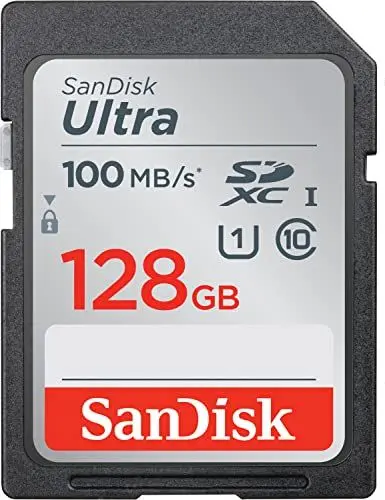 Produktbild: SanDisk Ultra SDXC UHS-I Speicherkarte 128 GB (für Kompaktkameras der Einstiegs- und Mittelklasse, Class 10, U1, 100 MB/s Übertragung, Full HD Videos)