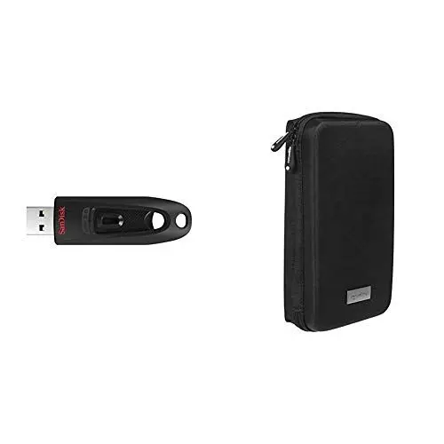 Produktbild: SanDisk Ultra USB 3.0 Flash- Laufwerk 256 GB (SecureAccess Software, Passwortschutz, Übertragungsgeschwindigkeit von bis zu 130 MB/s) & Amazon Basics Universaltasche für elektronische Kleingeräte